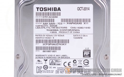 500GB 7,2k 3,5 LFF SATA HDD HP 661697-001 Toshiba HDKPC01H0A01