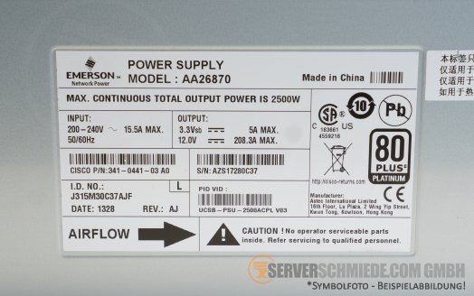 Cisco 2500W 80 Plus Platinum Emerson 341-0441-03 A0  UCSB-PSU-2500ACPL V03