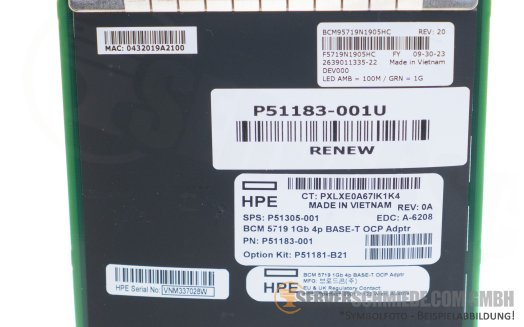 HP Broadcom BCM5719 4x 1GbE Copper RJ-45 OCP 3.0 Controller Gen10 Plus Gen11 P51181-B21