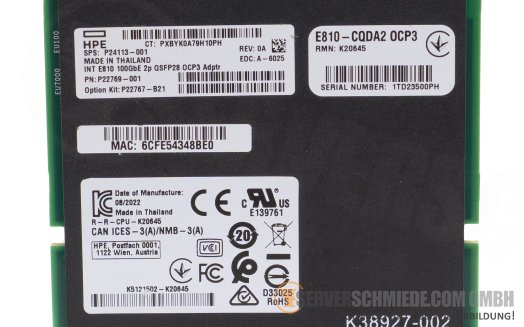 HP Intel E810-CQDA2 2x 100 Gb QSFP28 OCP 3.0 Controller P22767-B21 Gen10 Plus Gen11